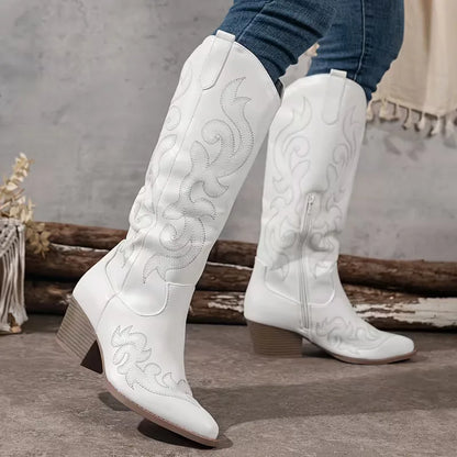 Women's knee-high cowboy boots with pointed toe and scroll embroidery – 14