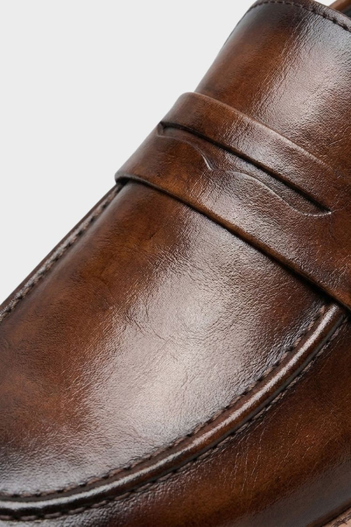 Men's burnished penny loafer with stacked block heel and stitched apron toe – 2