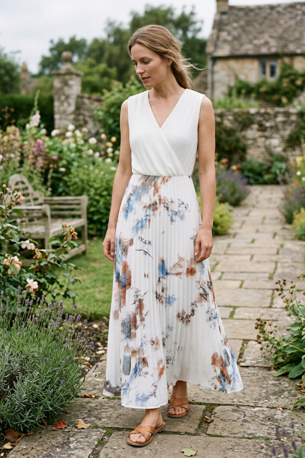 Women's V-Neck Midi Dress with Pleats