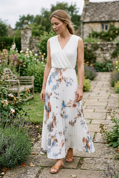 Women's V-Neck Midi Dress with Pleats