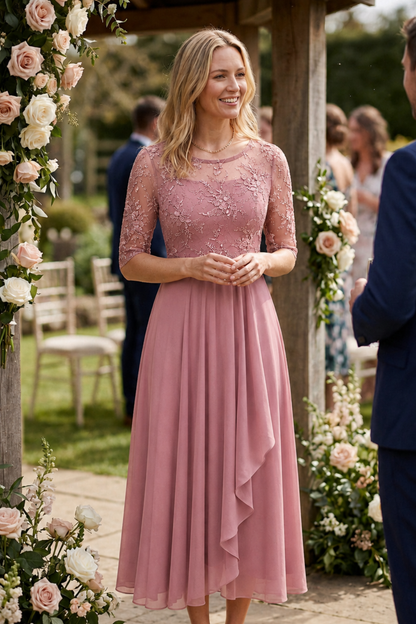 Champagne Women's Chiffon Maxi Dress with Lace Top and 3/4 Sleeves