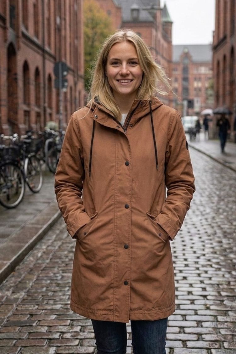 Women's hooded raincoat with drawstring hood and flap pockets – 19