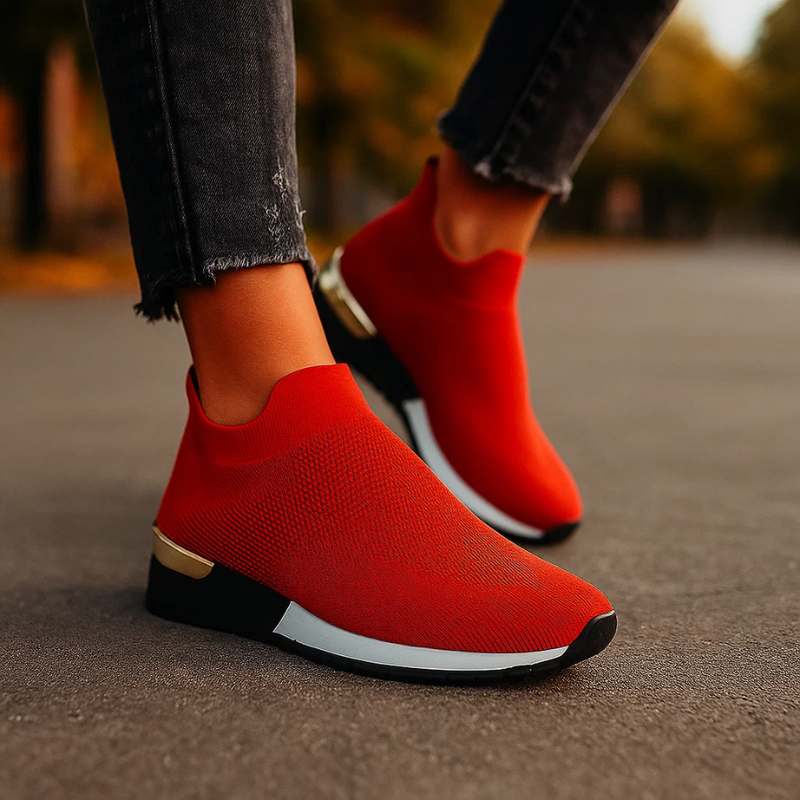 Women's slip-on sneakers with sock-style ankle upper and metallic heel accent – 2