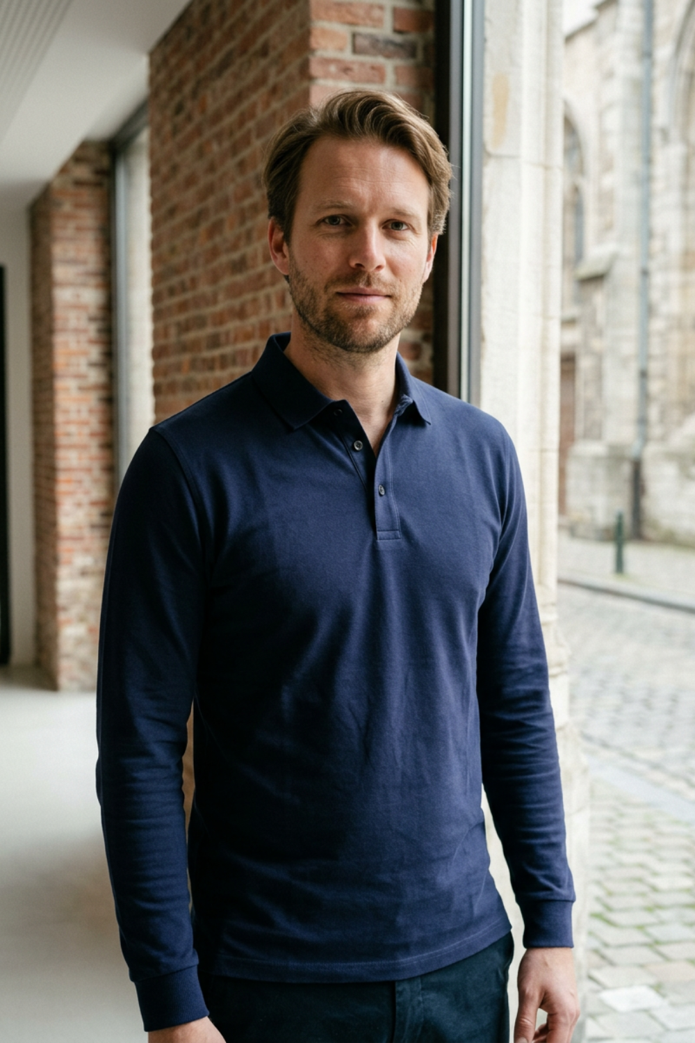 Men's Long Sleeve Polo Shirt with Buttons