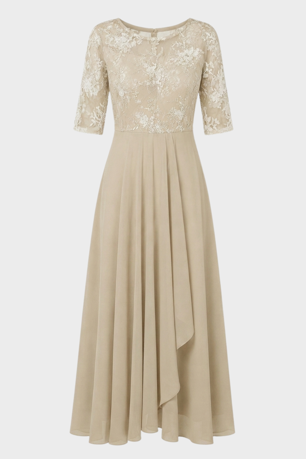 Champagne Women's Chiffon Maxi Dress with Lace Top and 3/4 Sleeves