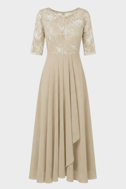Champagne Women's Chiffon Maxi Dress with Lace Top and 3/4 Sleeves