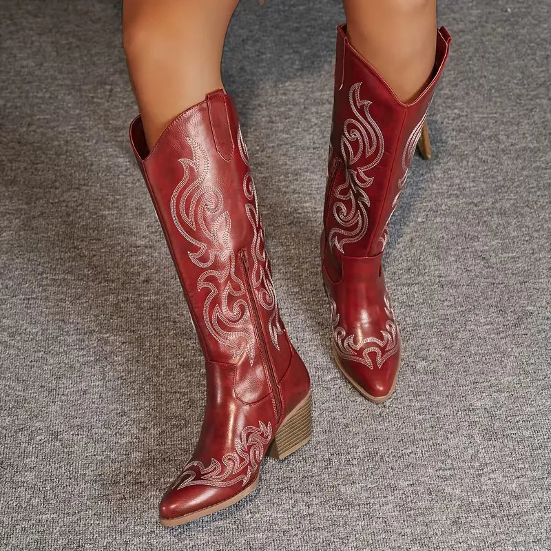 Women's knee-high cowboy boots with pointed toe and scroll embroidery – 9