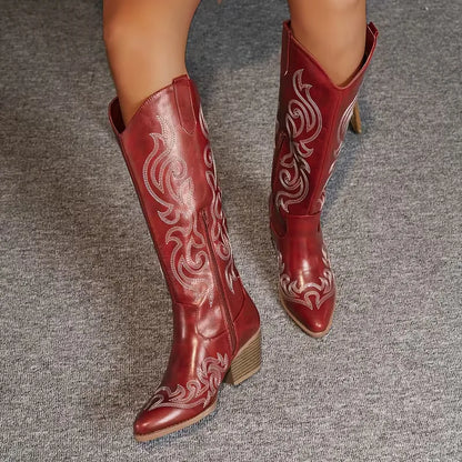 Women's knee-high cowboy boots with pointed toe and scroll embroidery – 9