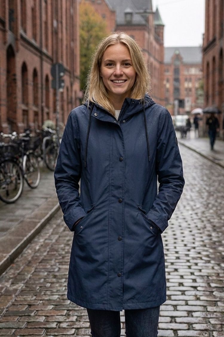 Women's hooded raincoat with drawstring hood and flap pockets – 16