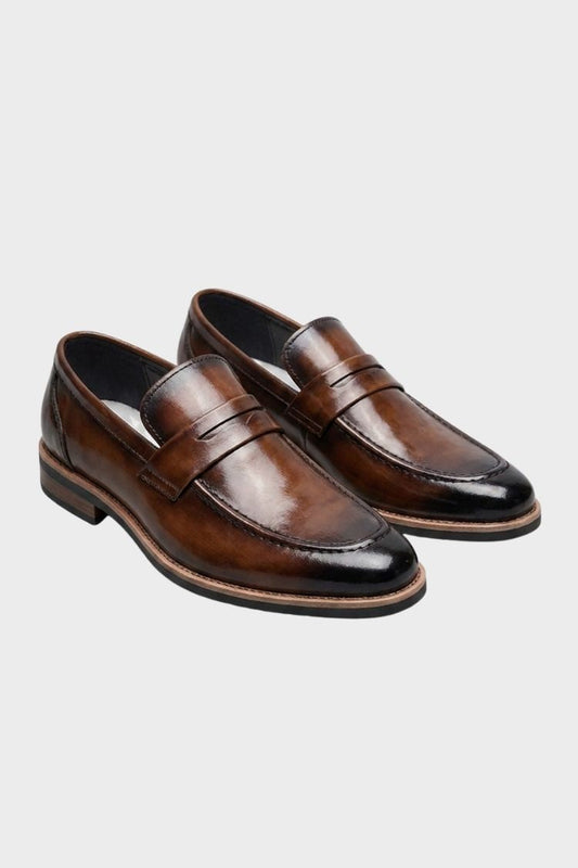 Men's burnished penny loafer with stacked block heel and stitched apron toe