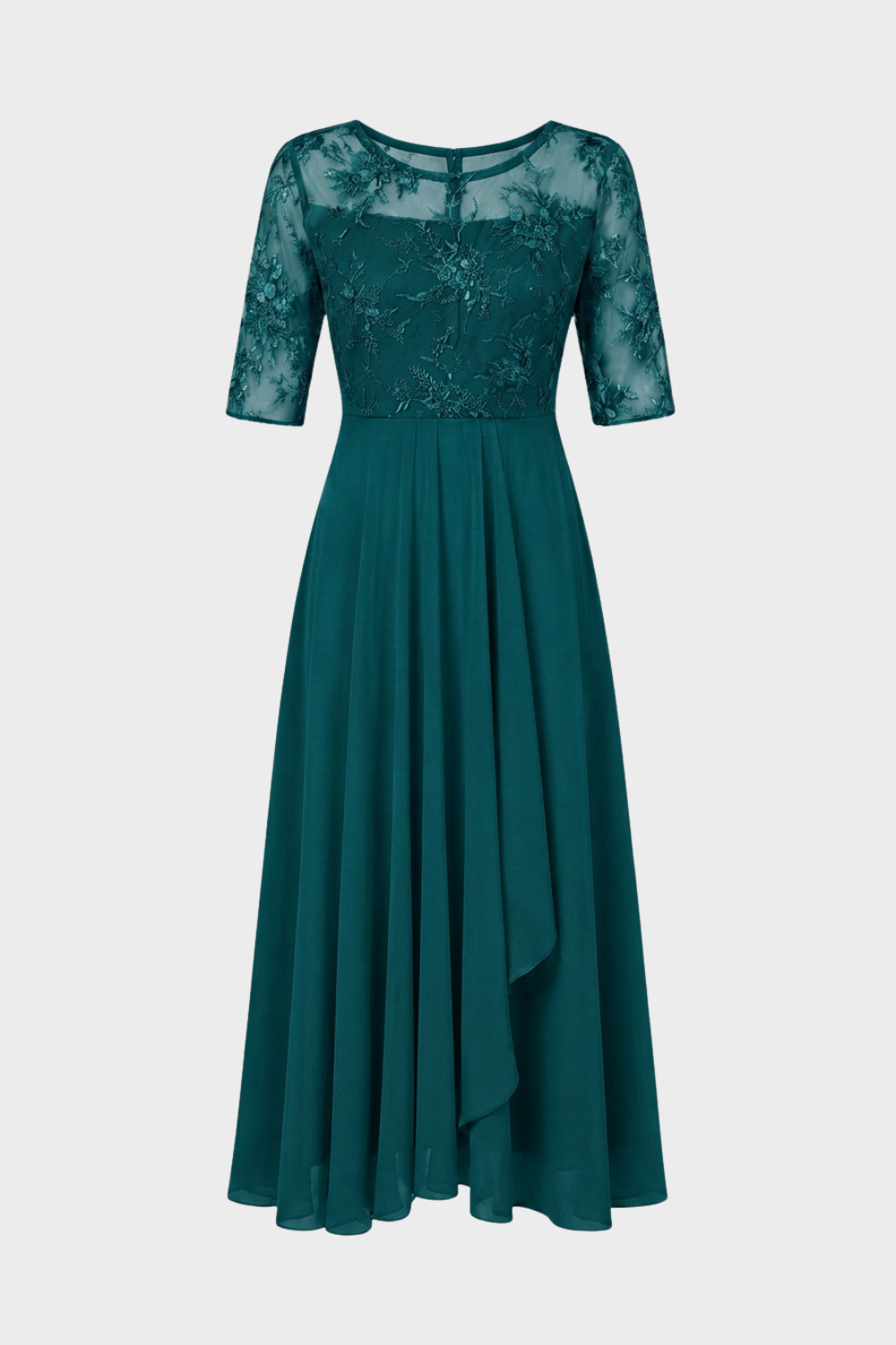 Champagne Women's Chiffon Maxi Dress with Lace Top and 3/4 Sleeves
