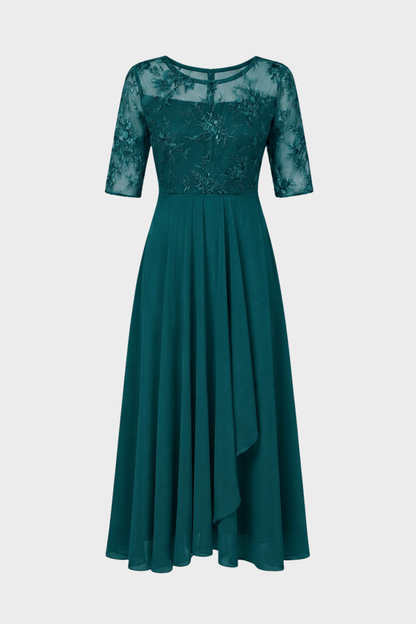 Champagne Women's Chiffon Maxi Dress with Lace Top and 3/4 Sleeves