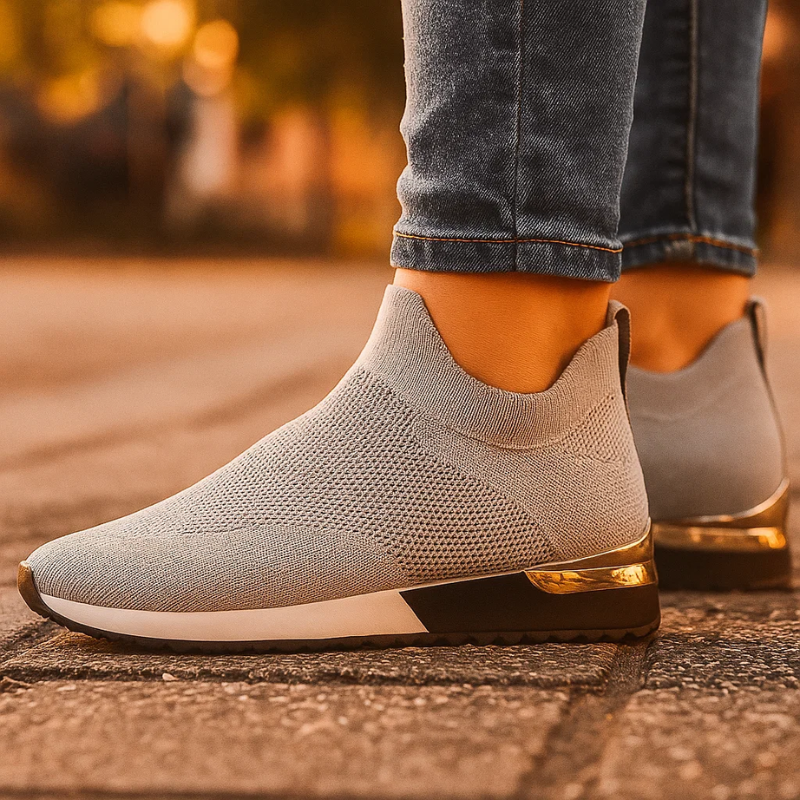 Women's slip-on sneakers with sock-style ankle upper and metallic heel accent – 6