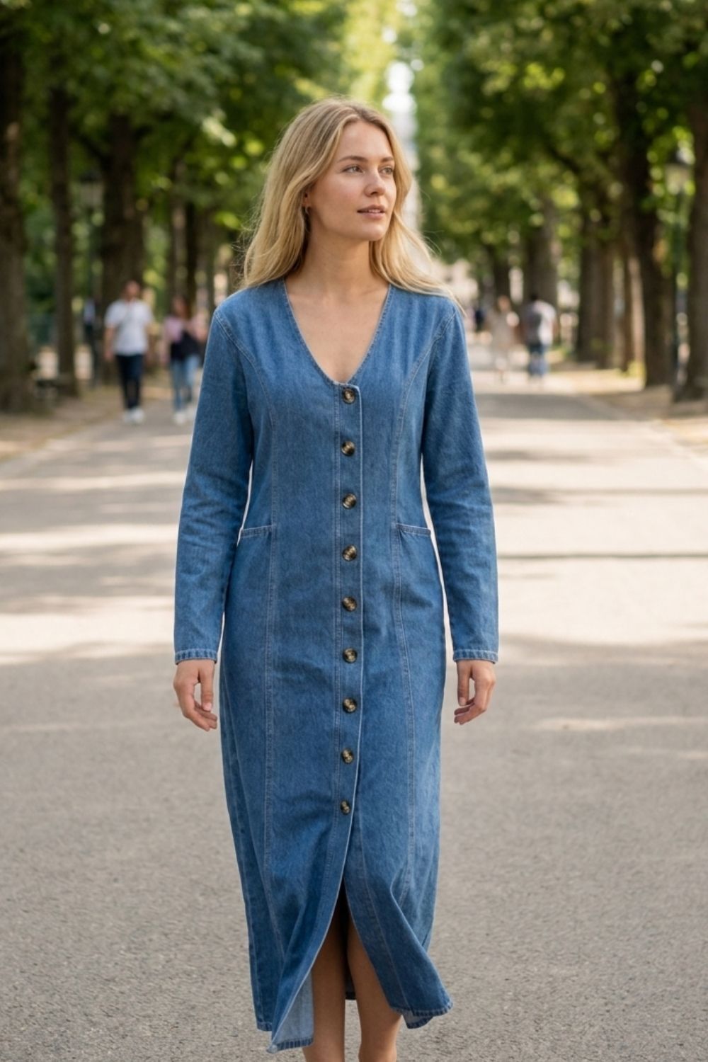 Women's Long Sleeve V Neck Button Dress | Midi