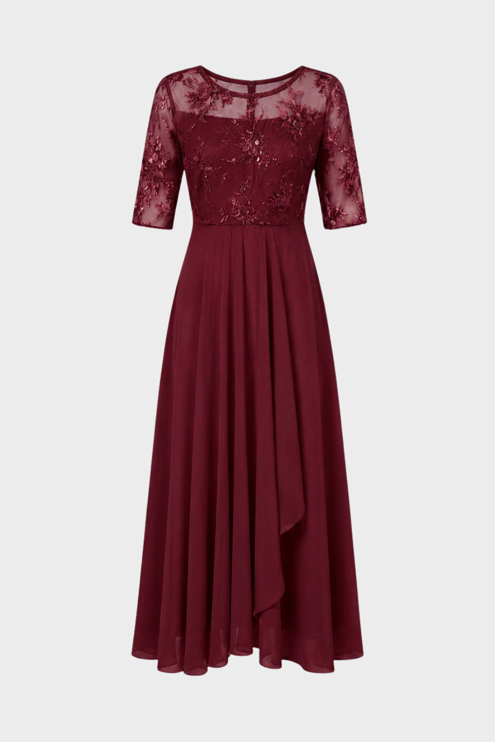 Champagne Women's Chiffon Maxi Dress with Lace Top and 3/4 Sleeves