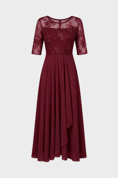 Champagne Women's Chiffon Maxi Dress with Lace Top and 3/4 Sleeves