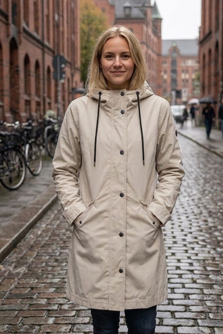Women's hooded raincoat with drawstring hood and flap pockets – 15
