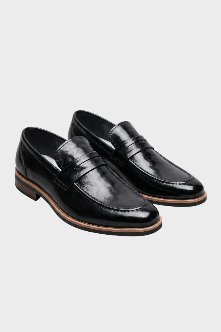 Men's burnished penny loafer with stacked block heel and stitched apron toe – 6