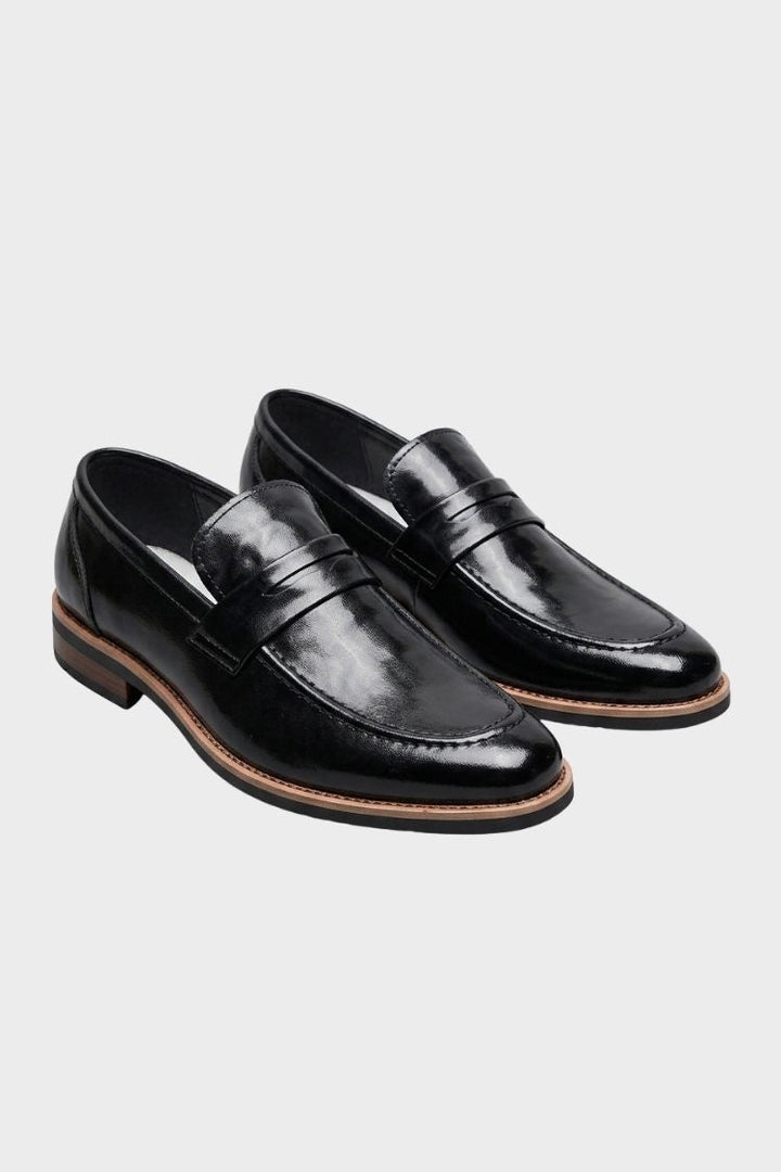 Men's burnished penny loafer with stacked block heel and stitched apron toe – 6