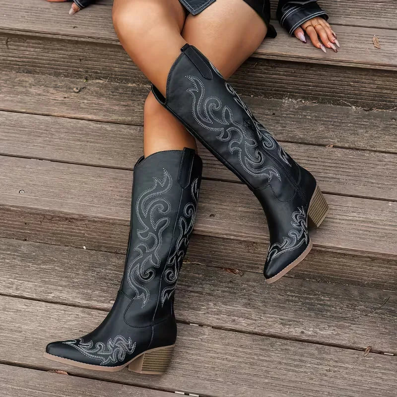 Women's knee-high cowboy boots with pointed toe and scroll embroidery – 7