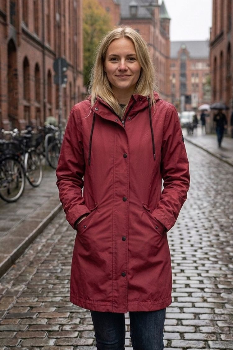 Women's hooded raincoat with drawstring hood and flap pockets – 14