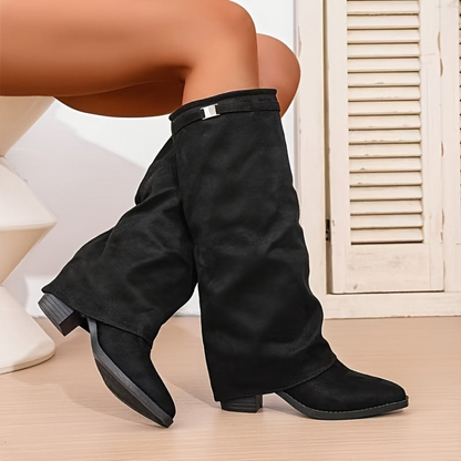 Women's knee-high fold-over boots with buckle strap and block heel – 8