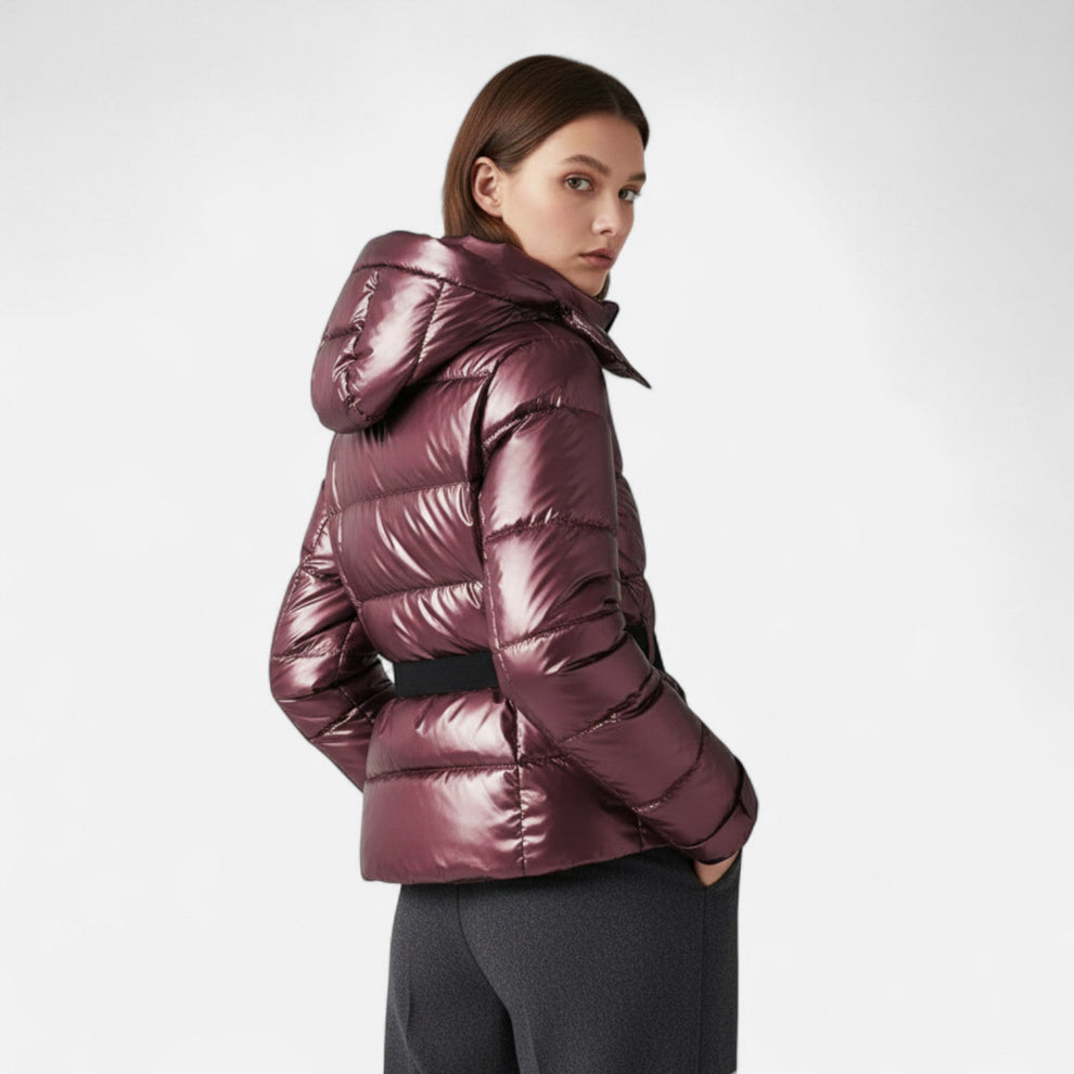 Women's cropped puffer ski jacket with removable hood and waist belt – 7