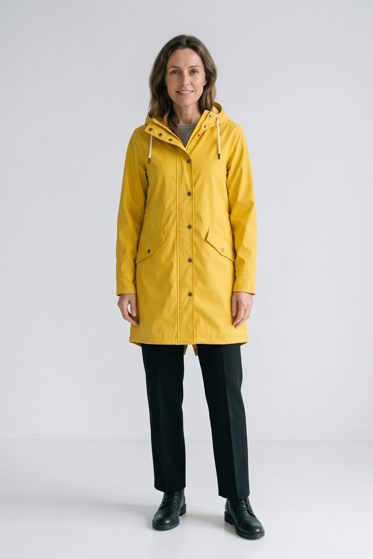 Women's Hooded Raincoat | Snap-Front — Yellow — front view — on model