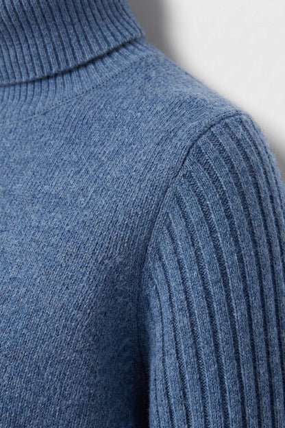 Women's Turtleneck Sweater | High-Low Hem — Blue — detail — on model
