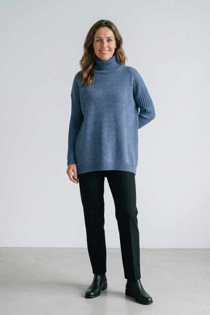 Women's Turtleneck Sweater | High-Low Hem — Blue — front view — on model