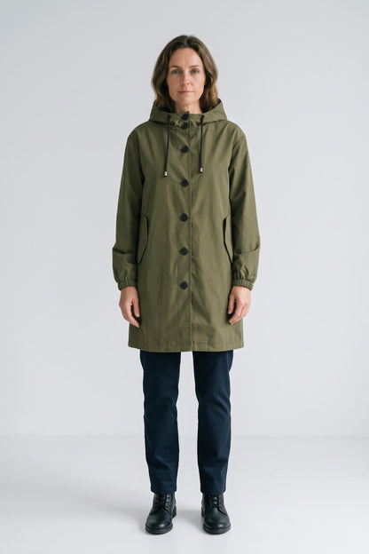 Women's Hooded Parka Coat | Knee-Length — Army Green — front view — on model
