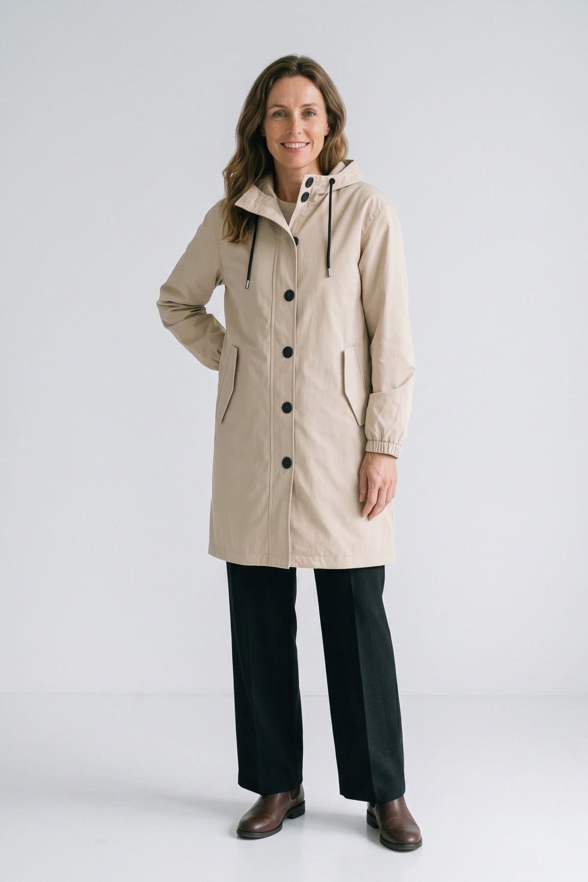 Women's Hooded Parka Coat | Knee-Length — Beige — front view — on model