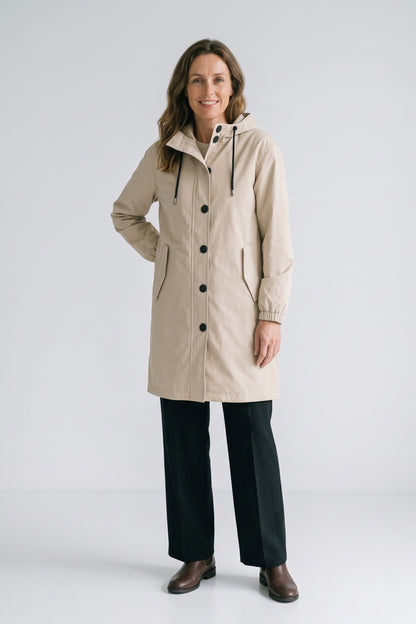 Women's Hooded Parka Coat | Knee-Length — Beige — front view — on model