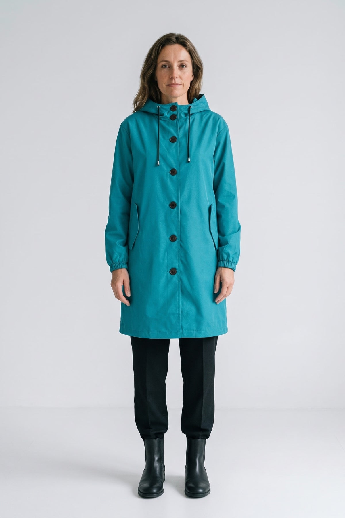 Women's Hooded Parka Coat | Knee-Length — Emerald Green — front view — on model