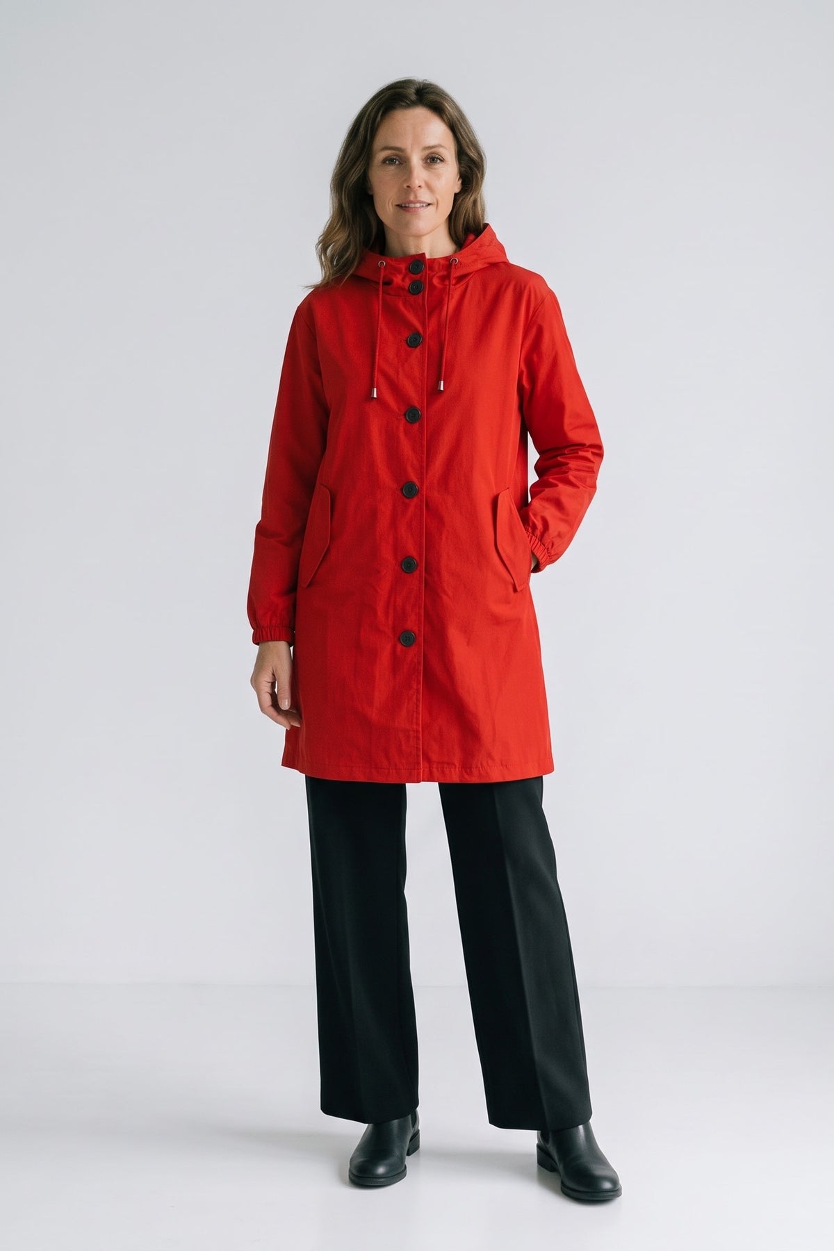 Women's Hooded Parka Coat | Knee-Length — Red — front view — on model