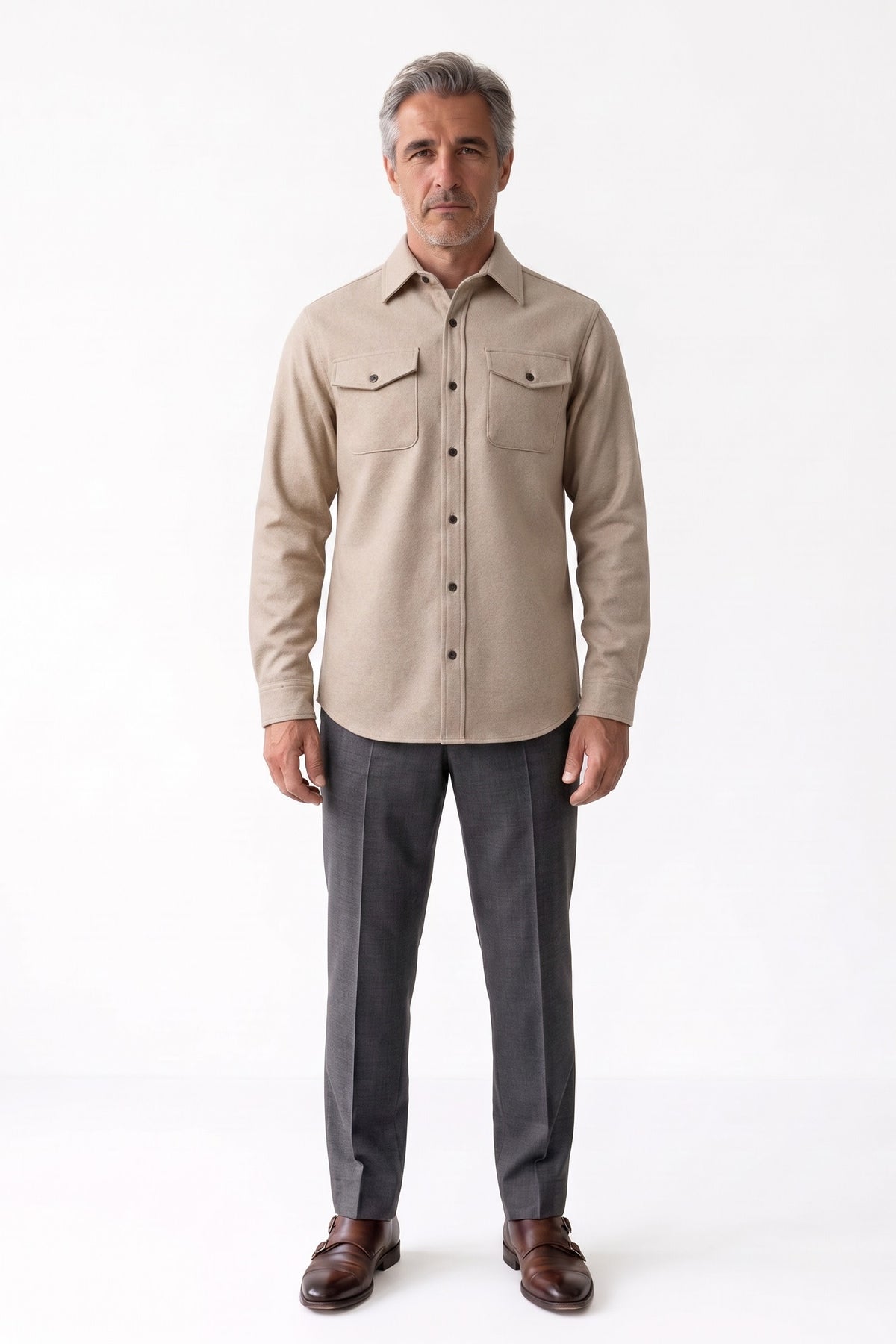 Men's Overshirt Jacket | Button-Up Front — Beige — front view — on model