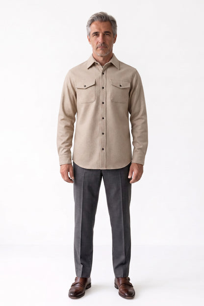 Men's Overshirt Jacket | Button-Up Front — Beige — front view — on model
