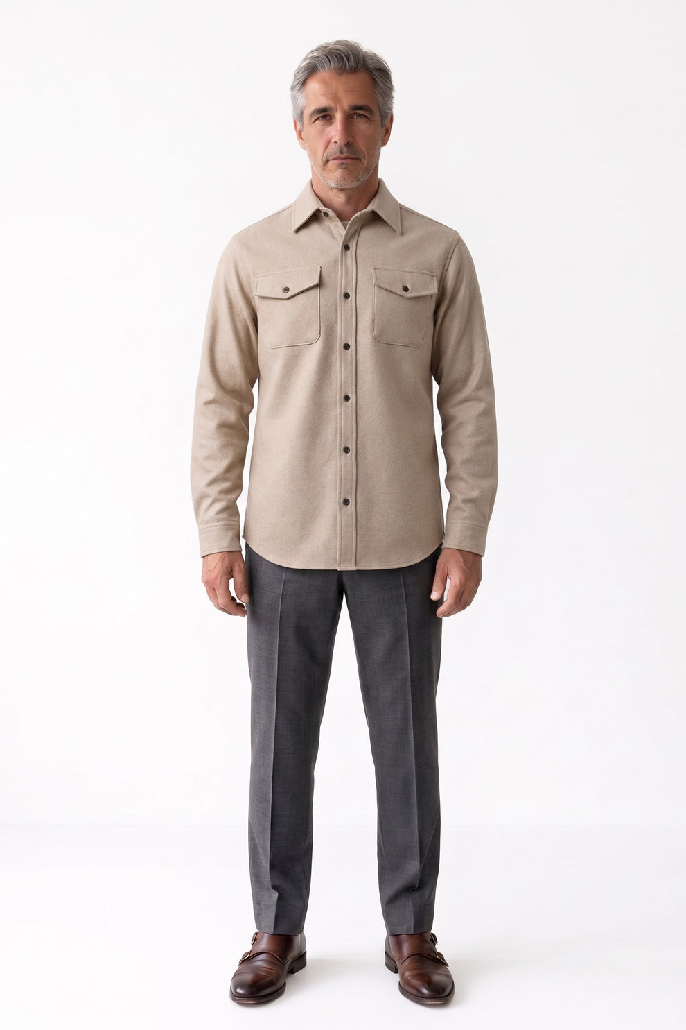 Men's Overshirt Jacket | Button-Up Front — Beige — front view — on model