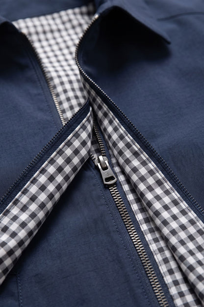 Men's Harrington Jacket | Spread Collar — Navy — detail — on model