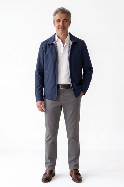 Men's Harrington Jacket | Spread Collar — Navy — front view — on model