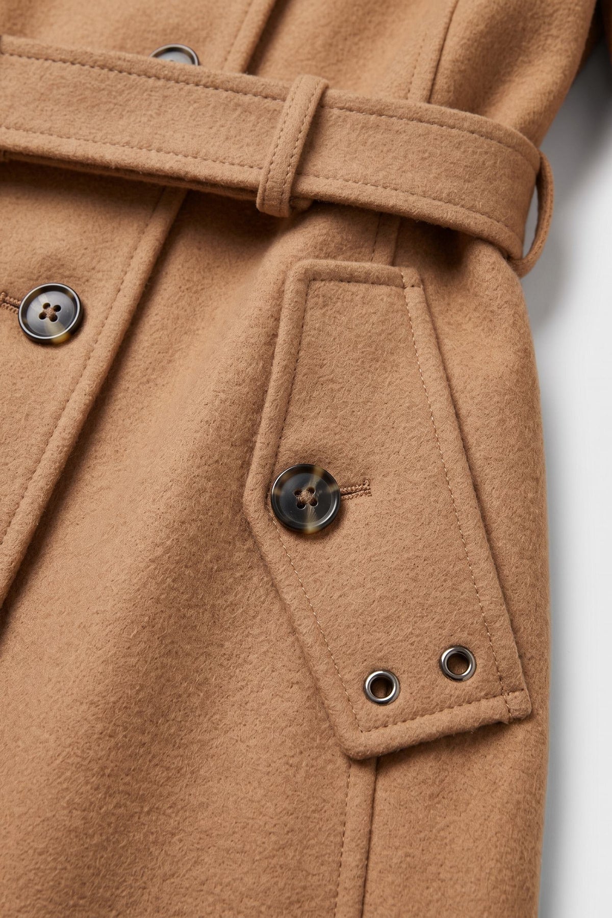 Women's Belted A-Line Coat | Notch Collar — Khaki — detail — on model