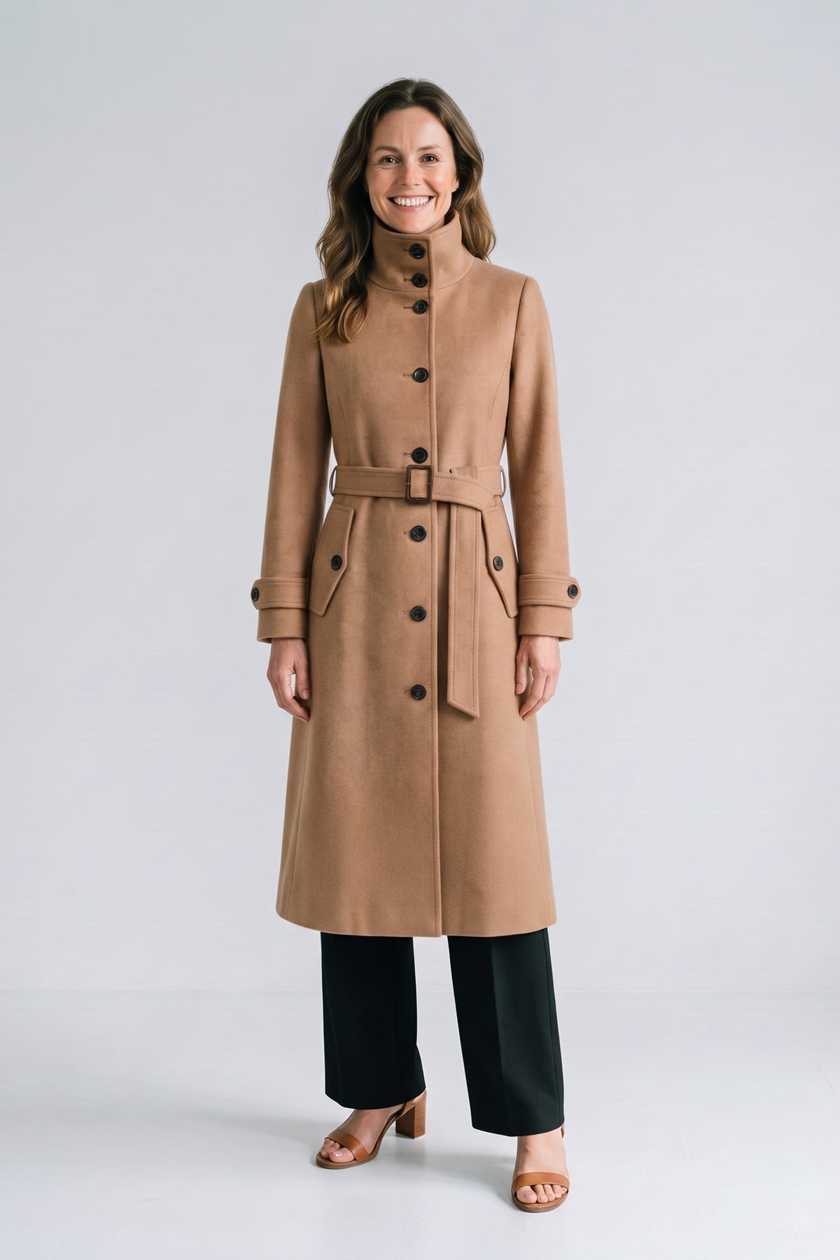 Women's Belted A-Line Coat | Notch Collar — Khaki — front view — on model