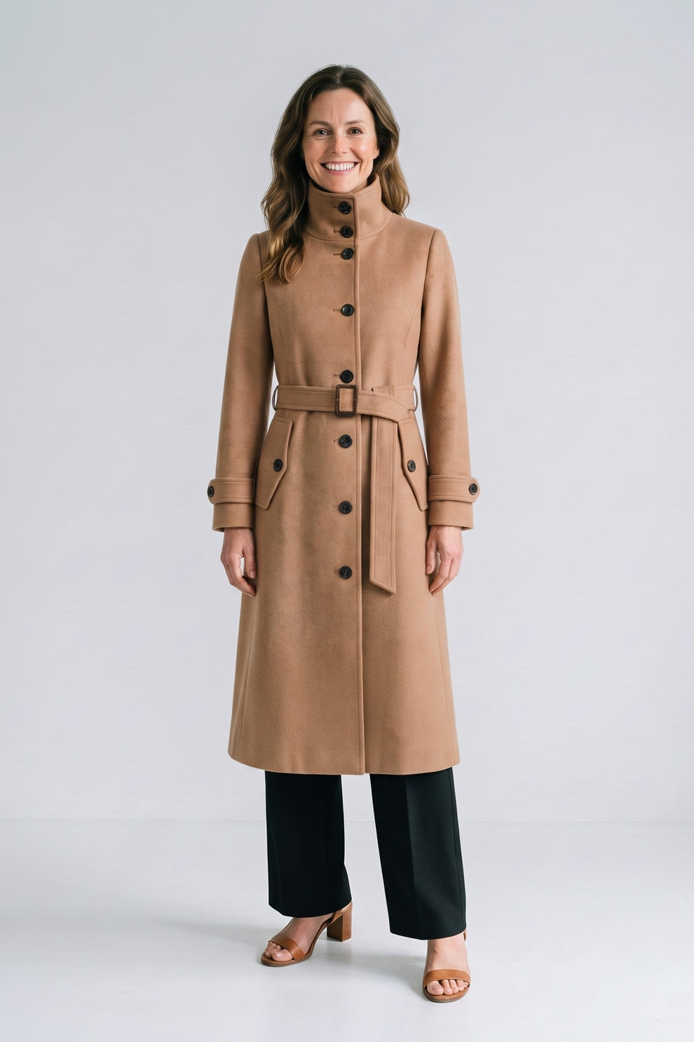 Women's Belted A-Line Coat | Notch Collar — Khaki — front view — on model