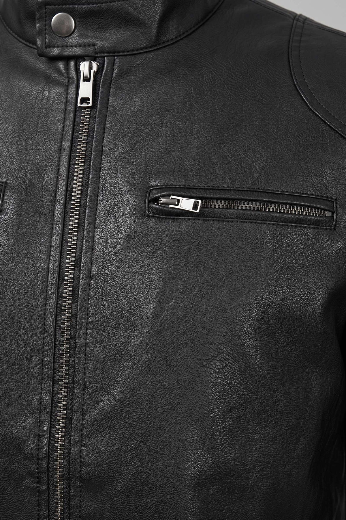 Men's Biker Jacket | Zip Pockets — Black — detail — on model