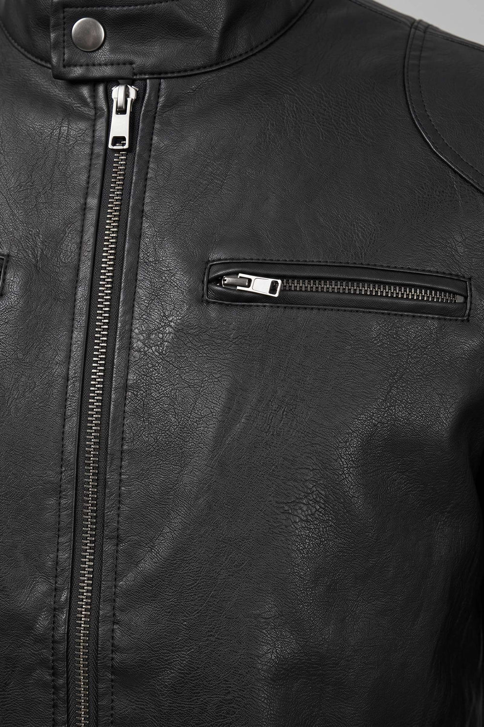 Men's Biker Jacket | Zip Pockets — Black — detail — on model