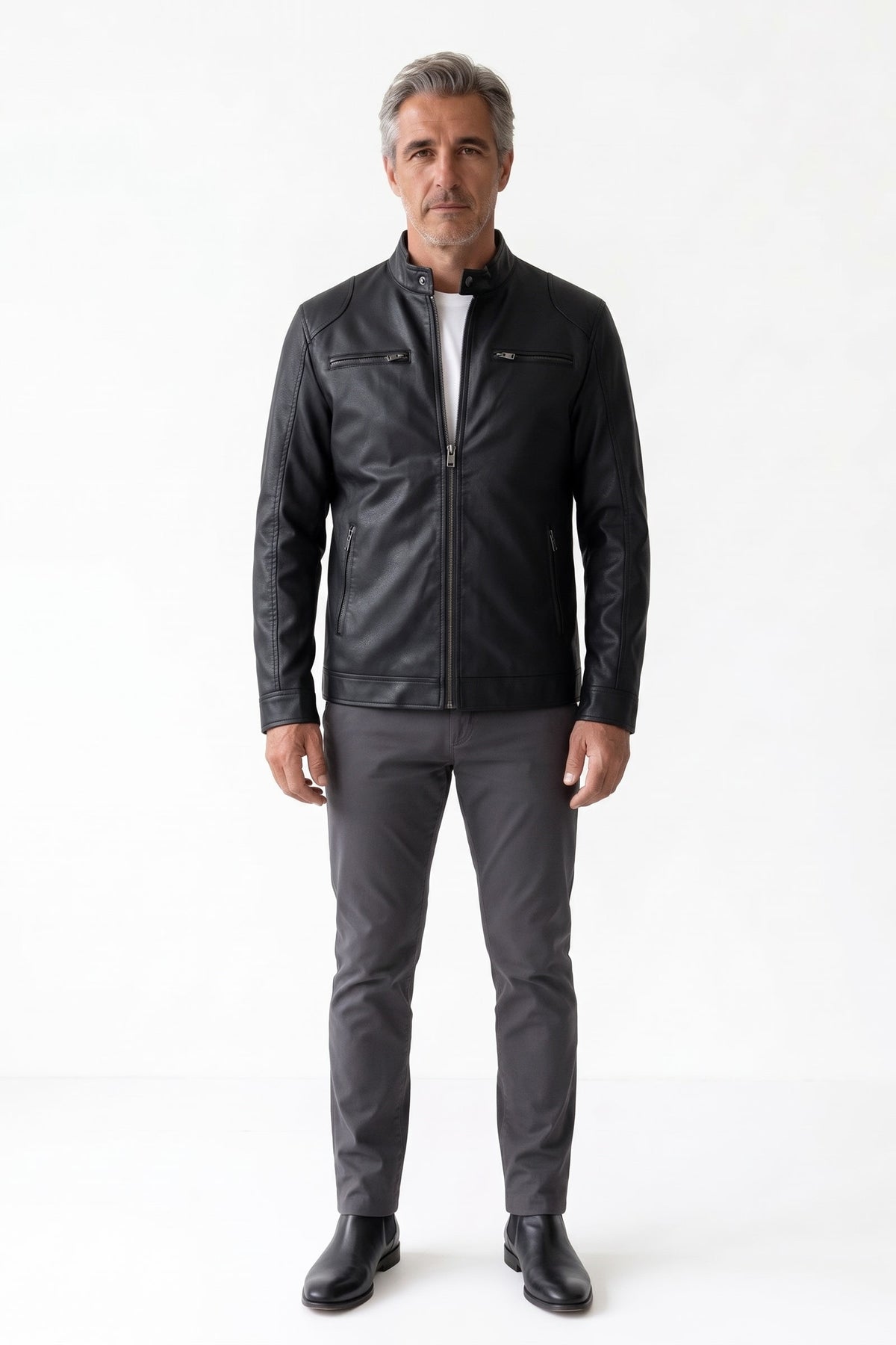 Men's Biker Jacket | Zip Pockets — Black — front view — on model