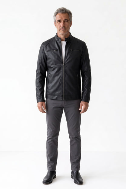 Men's Biker Jacket | Zip Pockets — Black — front view — on model