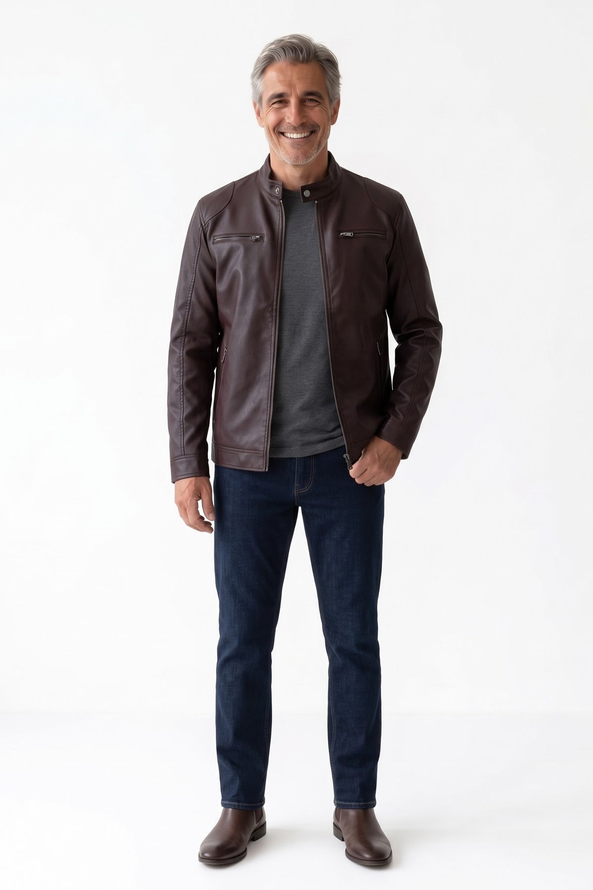 Men's Biker Jacket | Zip Pockets — Dark Brown — front view — on model