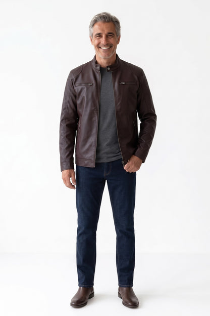 Men's Biker Jacket | Zip Pockets — Dark Brown — front view — on model
