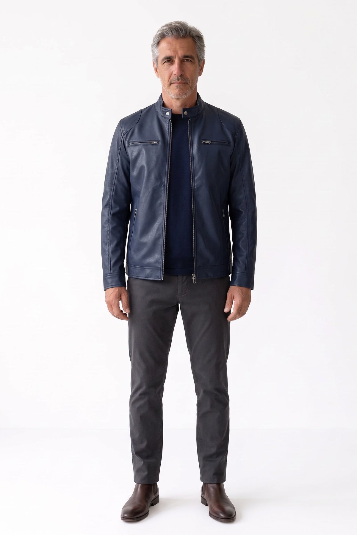Men's Biker Jacket | Zip Pockets — Navy — front view — on model